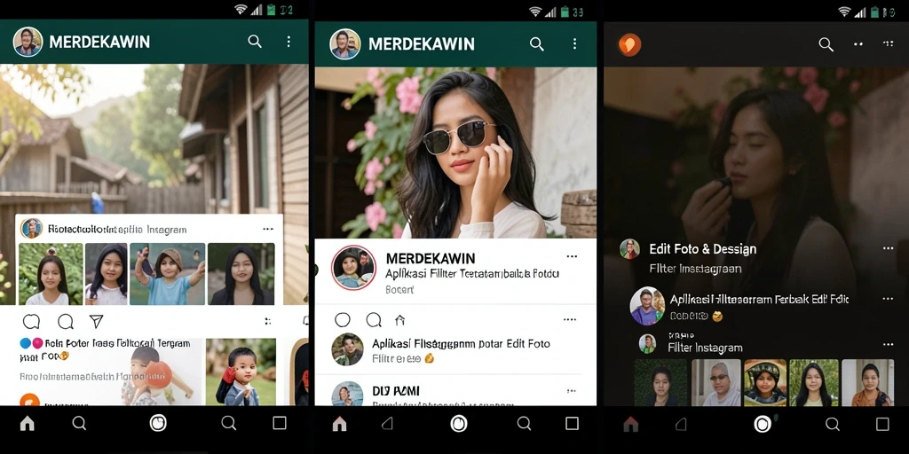 Antarmuka pengguna <strong>MERDEKAWIN</strong> dengan variasi filter Instagram yang menarik.