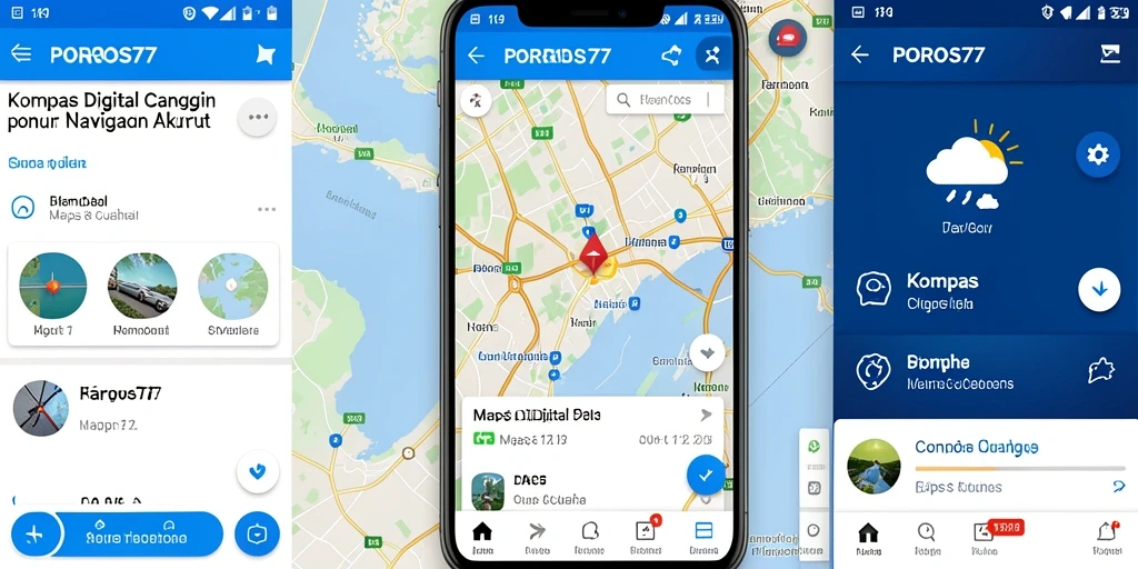Antarmuka POROS77 yang menampilkan kompas digital dan informasi cuaca.